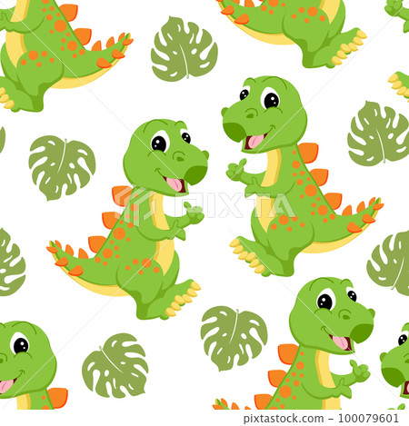 Seamless kids pattern, cute funny dinosaurs and tropical leaves on a white background. kids print, textile, wallpaper, vector Seamless kids pattern, cute funny dinosaurs and tropical leaves on a white background. kids print, textile, wallpaper, vector 100079601