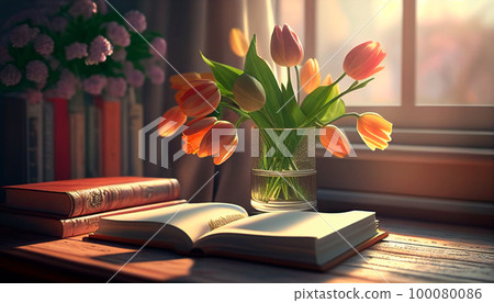 Open book on a wooden table, red tulips in a glass vase near the window. Sunlight in the room, generative ai Open book on a wooden table, red tulips in a glass vase near the window. Sunlight in the room, generative ai 100080086