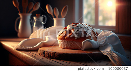 Fresh bread on the kitchen table in front of a window with a countryside panorama, healthy eating, generative ai Fresh bread on the kitchen table in front of a window with a countryside panorama, healthy eating, generative ai 100080087