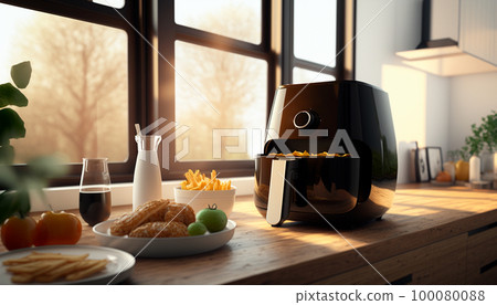 White deep fryer or oil free fryer appliance is on the wooden table in the kitchen near the window, generative ai 100080088