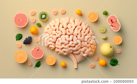 Person brain in the form of citrus fruits on a pink background, top view, generative ai 100080093