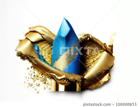 tube of blue gold lipstick on a white background 100080653