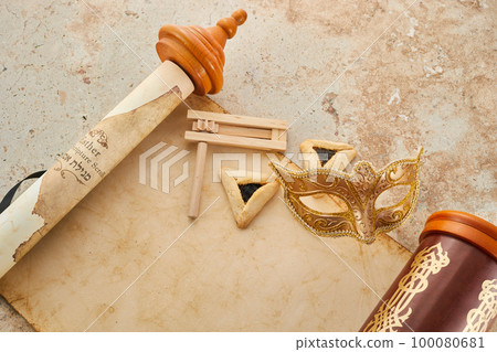 Scroll of Esther, haman's ears cookies and Purim Festival objects. Scroll of Esther, haman's ears cookies and Purim Festival objects. 100080681