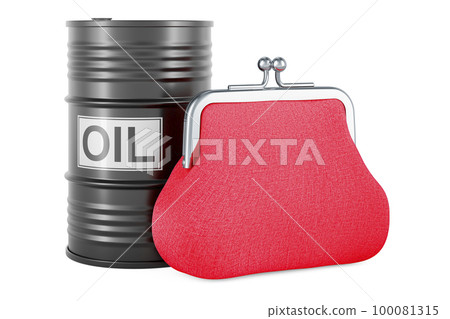 Oil barrel with purse coin, 3D rendering 100081315