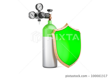 Oxygen tank, gas cylinder with shield, 3D rendering Oxygen tank, gas cylinder with shield, 3D rendering 100081317
