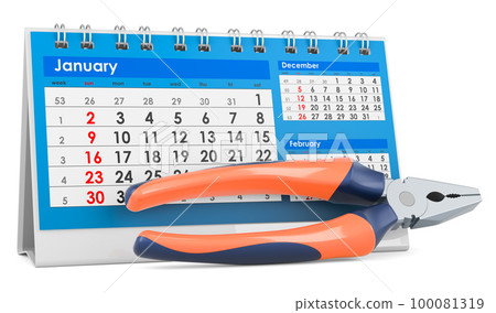 Pliers with desk calendar, 3D rendering 100081319