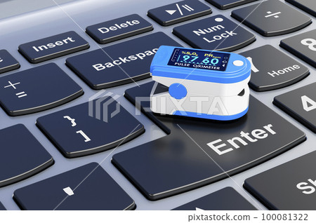 Portable Pulse Oximetry on laptop keyboard, 3D rendering Portable Pulse Oximetry on laptop keyboard, 3D rendering 100081322