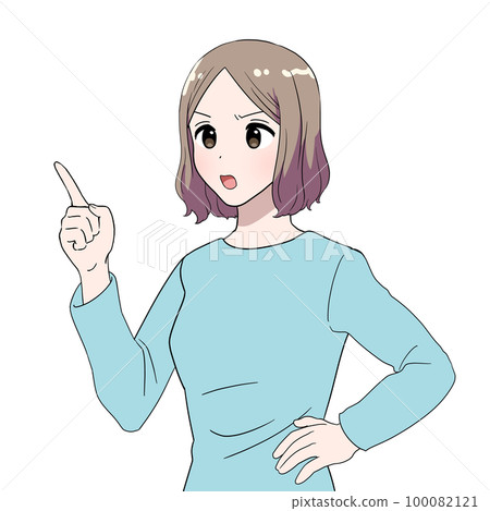 Middle-parted bob woman displeased angry pointed out Middle-parted bob woman displeased angry pointed out 100082121