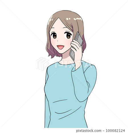 一個中間剪了鮑勃的女人用她的智能手機說話 一個中間剪了鮑勃的女人用她的智能手機說話 100082124