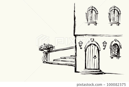 Vector Sketch. A comfortable bench in an old quiet courtyard Vector Sketch. A comfortable bench in an old quiet courtyard 100082375