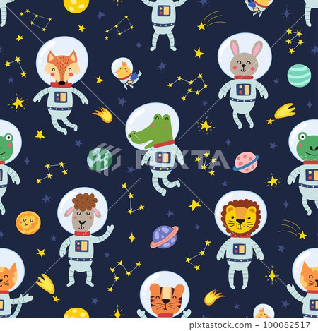 Cute animals astronauts in space seamless pattern. Funny childish design Cute animals astronauts in space seamless pattern. Funny childish design 100082517
