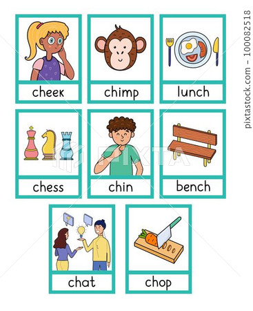 Phonics flashcards with -ch- spelling rule. Flash cards with phonics sound words 100082518
