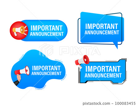 Megaphone label set with text important announcement. Megaphone in hand promotion banner. Marketing and advertising Megaphone label set with text important announcement. Megaphone in hand promotion banner. Marketing and advertising 100083455
