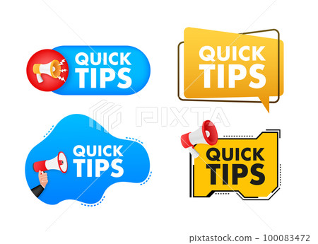 Megaphone label set with text quick tips. Megaphone in hand promotion banner. Marketing and advertising 100083472