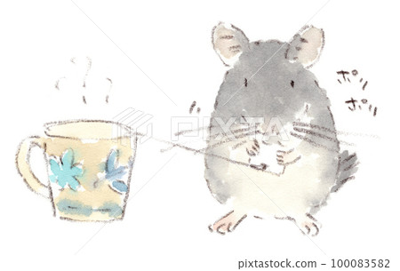 咀嚼茶包標籤的龍貓。水彩素描插圖 100083582