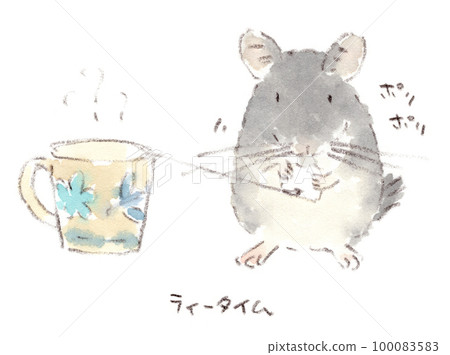 咀嚼茶包標籤的龍貓。水彩素描插圖 100083583