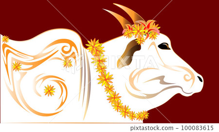 India's sacred white cow is decorated with golden patterns and bears a wreath of beautiful flowers. 100083615