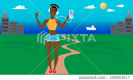 A cute african american girl is out in the countryside listening to music on her headphones. A cute african american girl is out in the countryside listening to music on her headphones. 100083617
