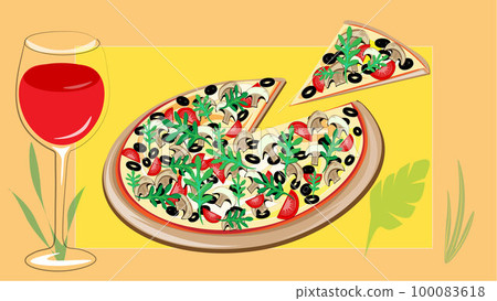 Delicious pizza with mushrooms and lots of cheese with a glass of fragrant wine lifts the spirits. Delicious pizza with mushrooms and lots of cheese with a glass of fragrant wine lifts the spirits. 100083618