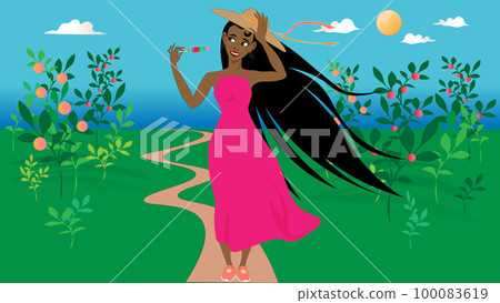 A beautiful girl with long hair in a dress and a straw hat is eating ice cream in the countryside in a summer garden of ripe peaches A beautiful girl with long hair in a dress and a straw hat is eating ice cream in the countryside in a summer garden of ripe peaches 100083619
