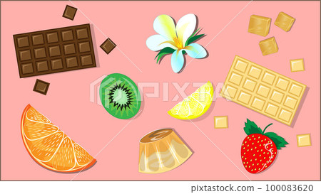 Background with chocolate bars, pudding, fruit and berries for any design and shape. Background with chocolate bars, pudding, fruit and berries for any design and shape. 100083620