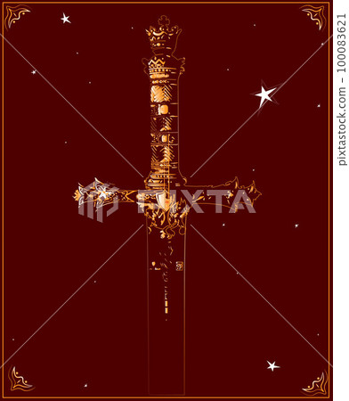 A burgundy-coloured emblem card with the outlines of a golden sword. A burgundy-coloured emblem card with the outlines of a golden sword. 100083621