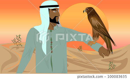 An Arabic man holding an eagle on his arm against a beautiful desert sunset 100083635