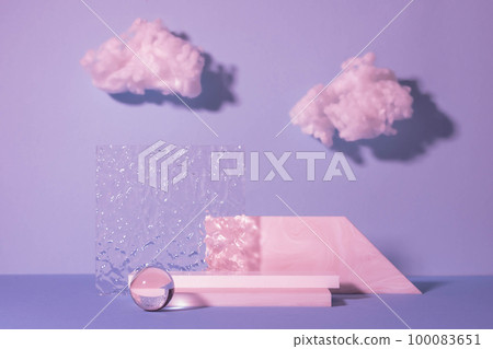 Abstract modern product showcase, minimalist style. Stone glass podiums, neon lilac background with clouds Abstract modern product showcase, minimalist style. Stone glass podiums, neon lilac background with clouds 100083651