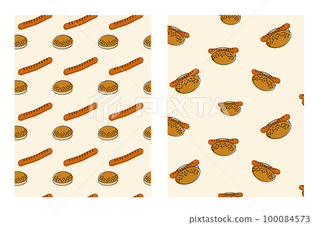 Set of two patterns with the image of a hot dog, sesame buns and grilled sausages. Happy hot dog day 100084573