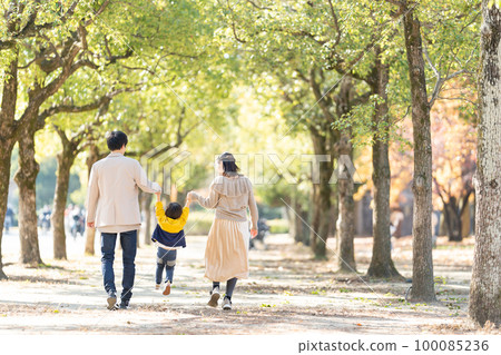 Back view of parents and children walking hand in hand 100085236