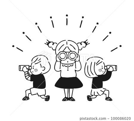 Children looking through binoculars monochrome 100086020