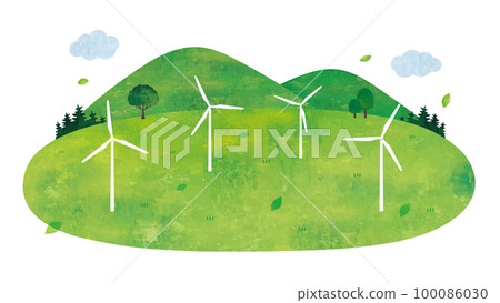 Wind power generation with windmills and grassland and mountain landscape watercolor painting 100086030