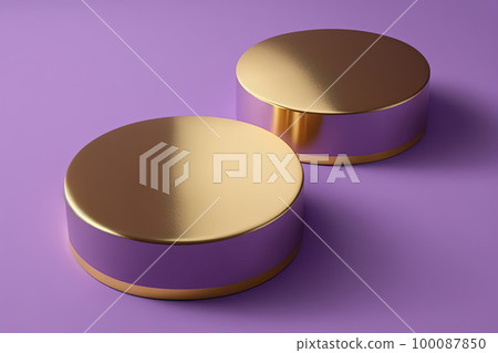 Product display gold round podium on purple background. Stage showcase on pedestal with podium. Modern abstract background. 3D 100087850