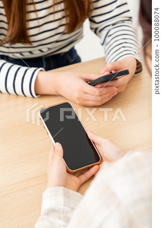 Young woman's hand holding a smartphone Young woman's hand holding a smartphone 100088074