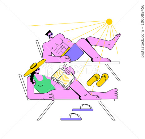 Sunbathing isolated cartoon vector illustrations. Couple sunbathing near the pool, having rest at luxury resort, people lifestyle, happy summer vacation day, travelling time vector cartoon. Sunbathing isolated cartoon vector illustrations. Couple sunbathing near the pool, having rest at luxury resort, people lifestyle, happy summer vacation day, travelling time vector cartoon. 100088456