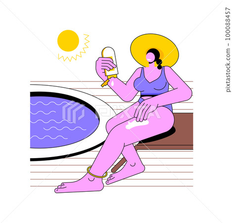 Apply sunscreen isolated cartoon vector illustrations. Young girl in hat sitting near pool and applying sunscreen, people lifestyle, vacation days, UV protection, happy holidays vector cartoon. 100088457