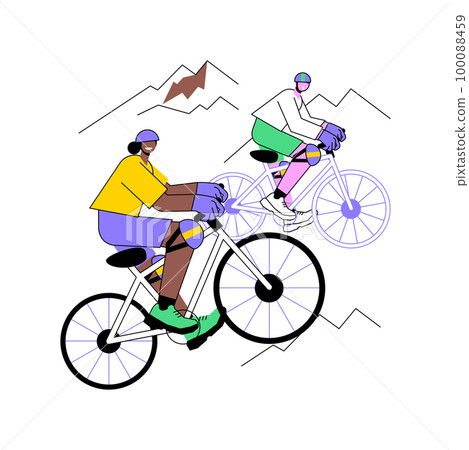 Mountain bike isolated cartoon vector illustrations. Tourists ride bicycles on a downhill, friends active lifestyle, people travel together, adventure time, hiking process vector cartoon. Mountain bike isolated cartoon vector illustrations. Tourists ride bicycles on a downhill, friends active lifestyle, people travel together, adventure time, hiking process vector cartoon. 100088459
