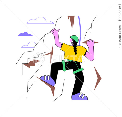 Rock climbing isolated cartoon vector illustrations. Sporty well-equipped girl doing alpinism, climbing rock faces, people lifestyle, extreme adventure, physical activity vector cartoon. Rock climbing isolated cartoon vector illustrations. Sporty well-equipped girl doing alpinism, climbing rock faces, people lifestyle, extreme adventure, physical activity vector cartoon. 100088461