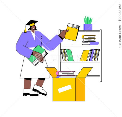Unpacking things isolated cartoon vector illustrations. Young happy student girl unpacking books in her new room, university campus, college choice, admission process vector cartoon. Unpacking things isolated cartoon vector illustrations. Young happy student girl unpacking books in her new room, university campus, college choice, admission process vector cartoon. 100088568