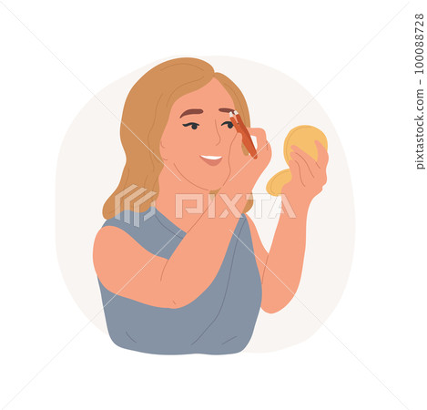 Eyebrow correction isolated cartoon vector illustration. Smiling teen drawing perfect eyebrow shape, holding tweezers in hand, girl making beauty procedures at home vector cartoon. Eyebrow correction isolated cartoon vector illustration. Smiling teen drawing perfect eyebrow shape, holding tweezers in hand, girl making beauty procedures at home vector cartoon. 100088728