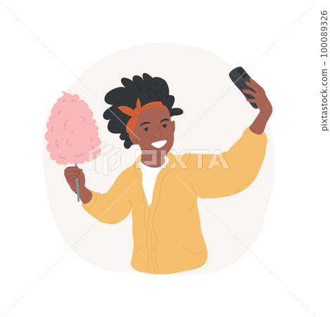 Cotton candy isolated cartoon vector illustration. Girl making selfie with cotton candy, teenage eating habits, adolescent meal preference, teen having hangout at amusement park vector cartoon. Cotton candy isolated cartoon vector illustration. Girl making selfie with cotton candy, teenage eating habits, adolescent meal preference, teen having hangout at amusement park vector cartoon. 100089326
