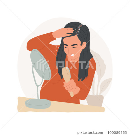Dandruff isolated cartoon vector illustration. Girl looking at hair flakes in the mirror, white shoulders, lack of personal body hygiene, dandruff problem vector cartoon. 100089363