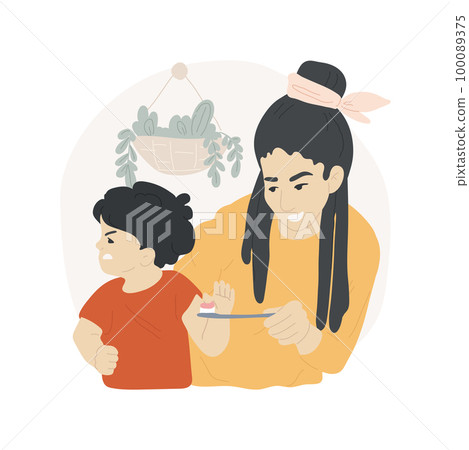 Refusing to brush teeth isolated cartoon vector illustration. Naughty kid refusing to brush teeth, lack of mouth hygiene, caries diseases prevention, child morning routine vector cartoon. 100089375