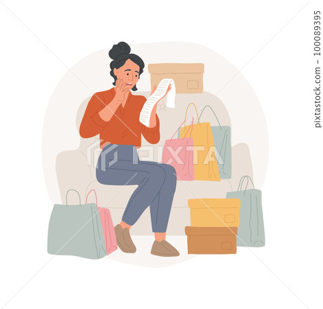 Wasteful spending isolated cartoon vector illustration. Angry and shocked woman holds long bill, lots of shopping bags, goods around, people bad habits, money waste vector cartoon. 100089395