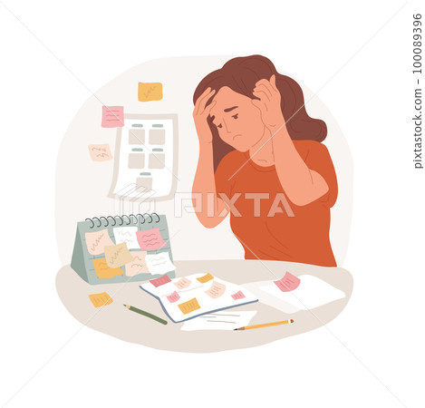 Overscheduling isolated cartoon vector illustration. Frustrated person holding his head, depression and anxiety, badly organized lifestyle, busy family calendar, daily plan vector cartoon. 100089396