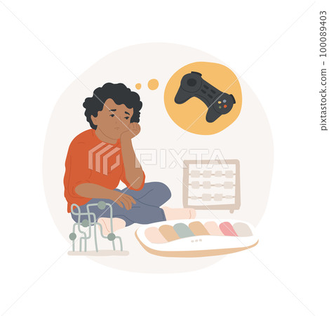 Video game addiction isolated cartoon vector illustration. Young child ignoring toys and thinking about device, smartphone addiction, unhealthy lifestyle, kids bad habits vector cartoon. 100089403