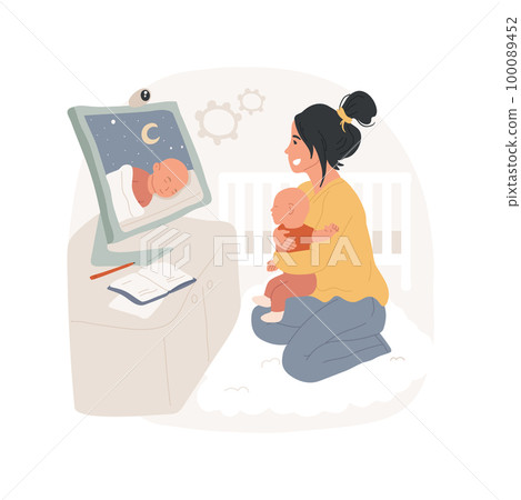 Sleep training isolated cartoon vector illustration. Young mother watching how-to sleep training video, taking online course, kids bedtime problem, learn to put baby to bed vector cartoon. 100089452
