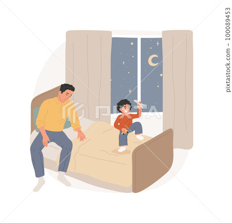 Bedtime battle isolated cartoon vector illustration. Tired father fell asleep, toddler jumping in bed, physical activity, family lifestyle, kids bedtime, sleep hygiene vector cartoon. Bedtime battle isolated cartoon vector illustration. Tired father fell asleep, toddler jumping in bed, physical activity, family lifestyle, kids bedtime, sleep hygiene vector cartoon. 100089453