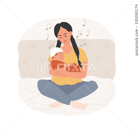 Singing a lullaby isolated cartoon vector illustration. Mom holding and singing a lullaby to her little baby, family lifestyle, kids bedtime, sleep hygiene, happy childhood vector cartoon. 100090174