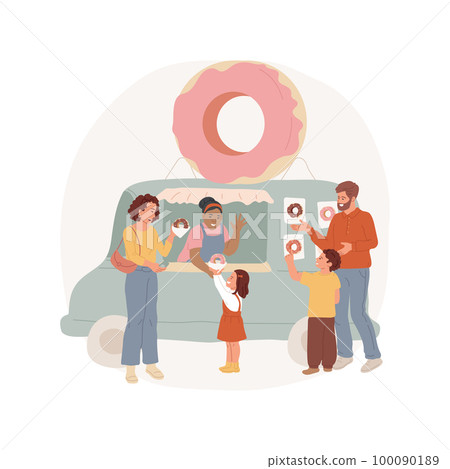 Donut truck isolated cartoon vector illustration. Smiling parents with kids buying sweets near donut truck, family lifestyle, common food habits, spending weekend together vector cartoon. 100090189
